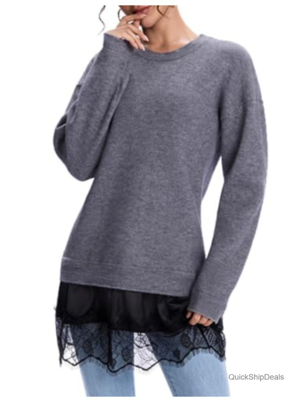 Womens Lace Hem Knit Tunic Sweater Crew Neck Pullover